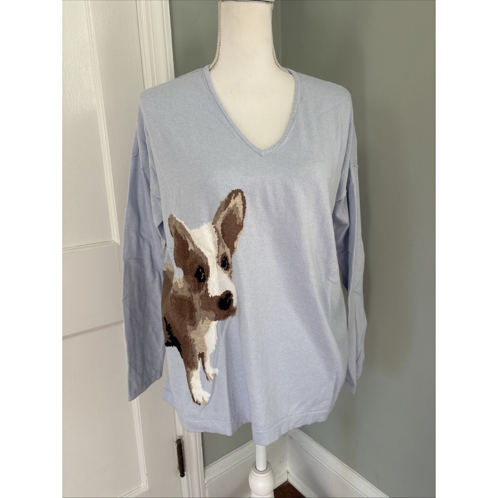 J. Jill Women's Corgi Dog Sweater Light Blue V-Neck Knit Top Size XL